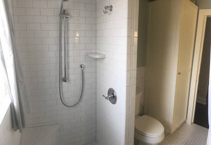 View inside shower facing towards wall with toilet and linen closet.